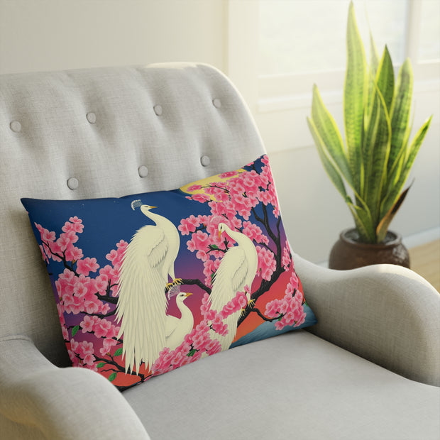 Japanese White Peacock Birds On Cherry Tree Cushion