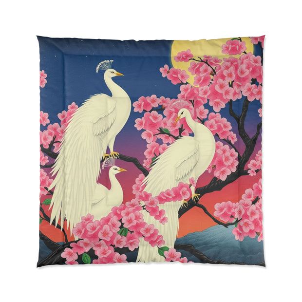 Japanese White Peacocks In Cherry Blossom Tree Comforter