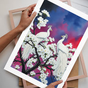Stunning White Peacocks Red and Blue Sky Print