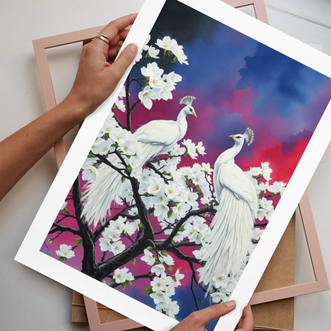 Stunning White Peacocks Red and Blue Sky Print