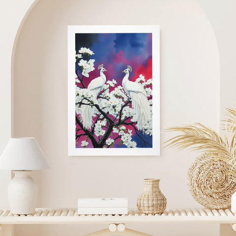 Stunning White Peacocks Red and Blue Sky Print